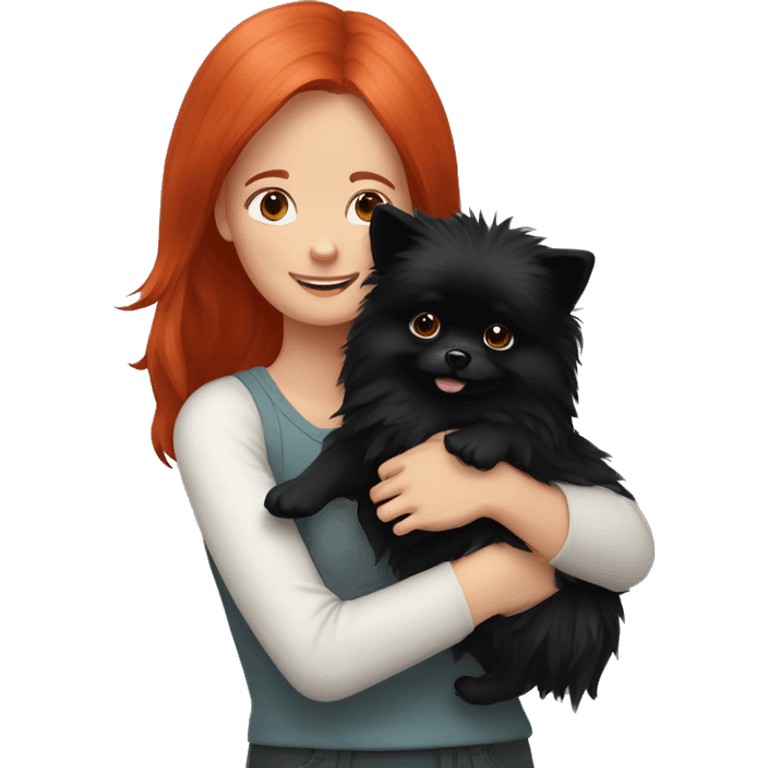 Red-haired-girl-hugs-her-black-pomeranian-dog emoji