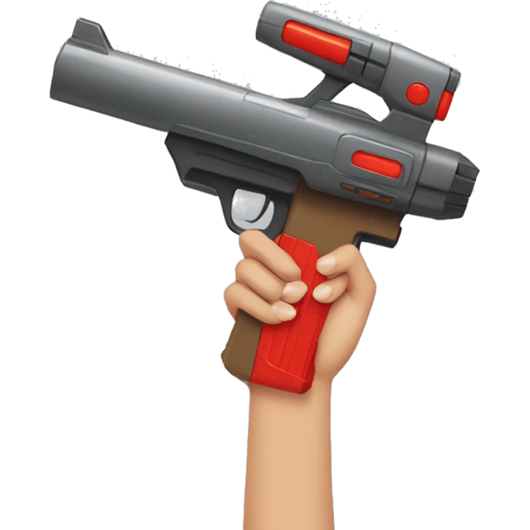 Light brown hand with red nails holding large scary dark nerf gun emoji