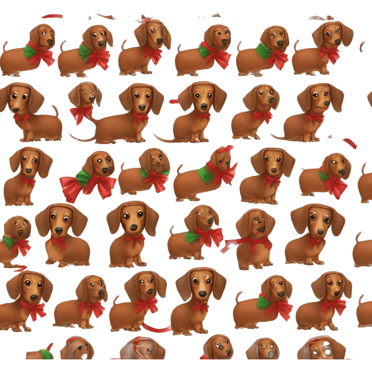 Brown Dachshund wrapped in holiday paper with red bow on head emoji