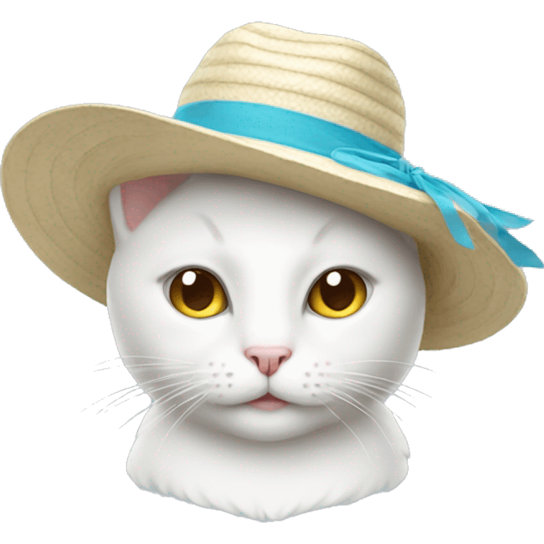 White cat with a beach hat emoji