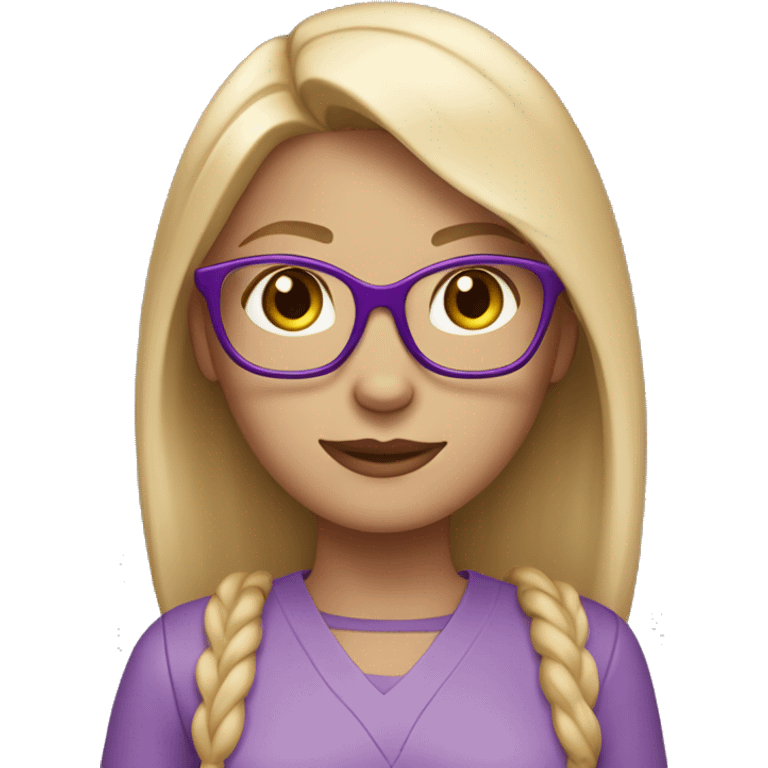 Create a female emoji: white skin, blonde hair, straight and very light below the shoulders, brown eyes, glasses with purple cat-eye frames, light pink jumpsuit. emoji