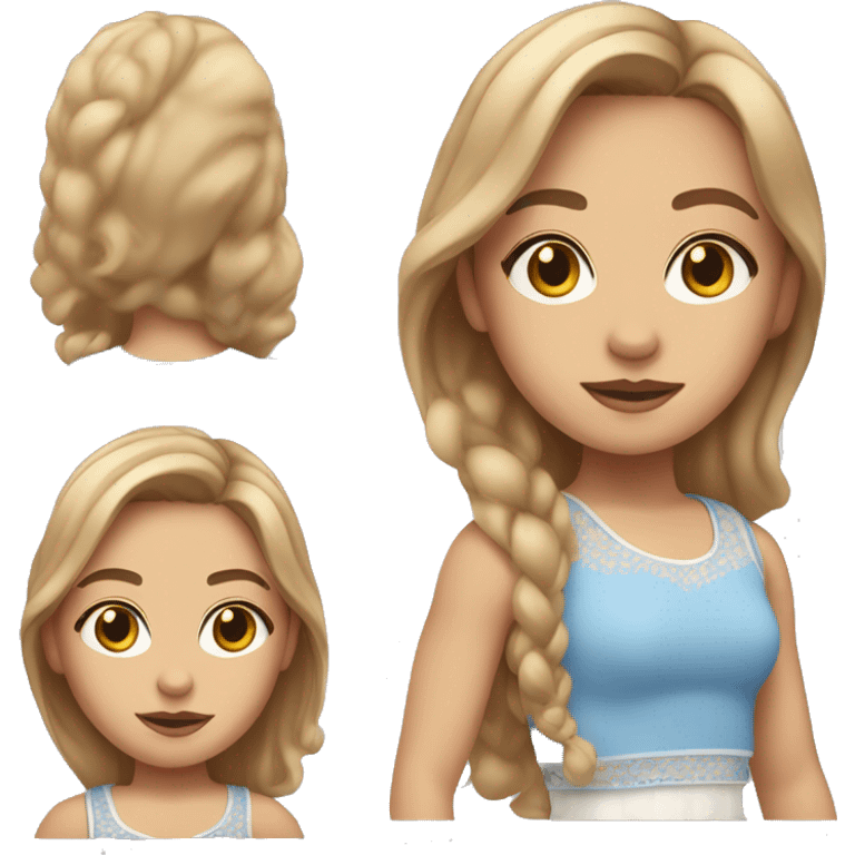 Girl with light brown hair with blond tips, hazel eyes, blue-pink crop top, white skirt emoji