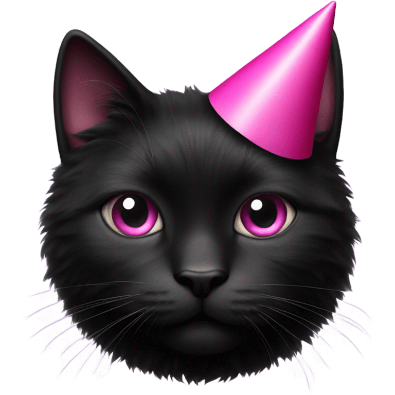 fluffy black cat with a black and pink party hat emoji