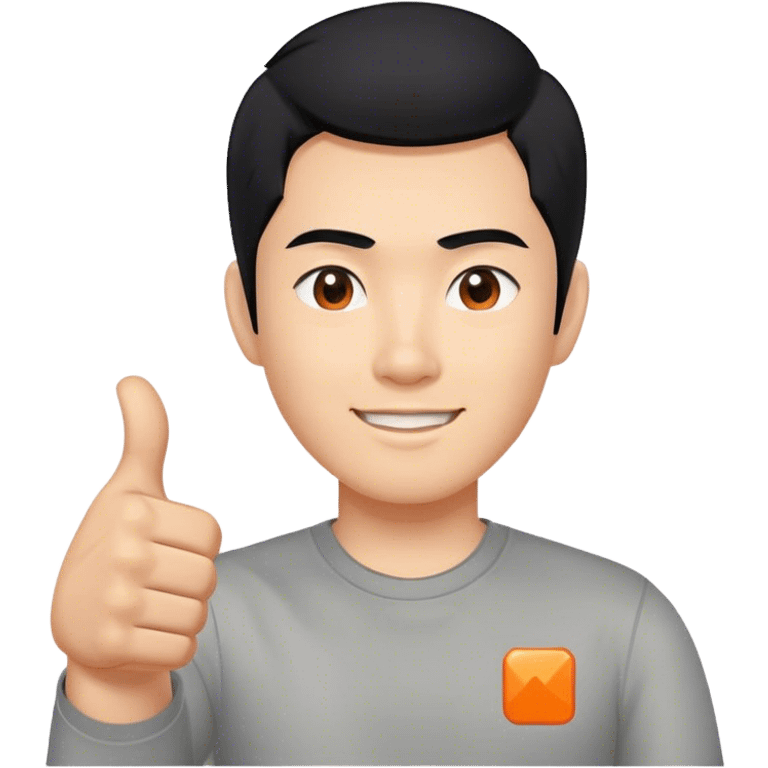 Thumbs up, but with black hair representing an asian man. Grey shirt, with a small orange square as a logo emoji