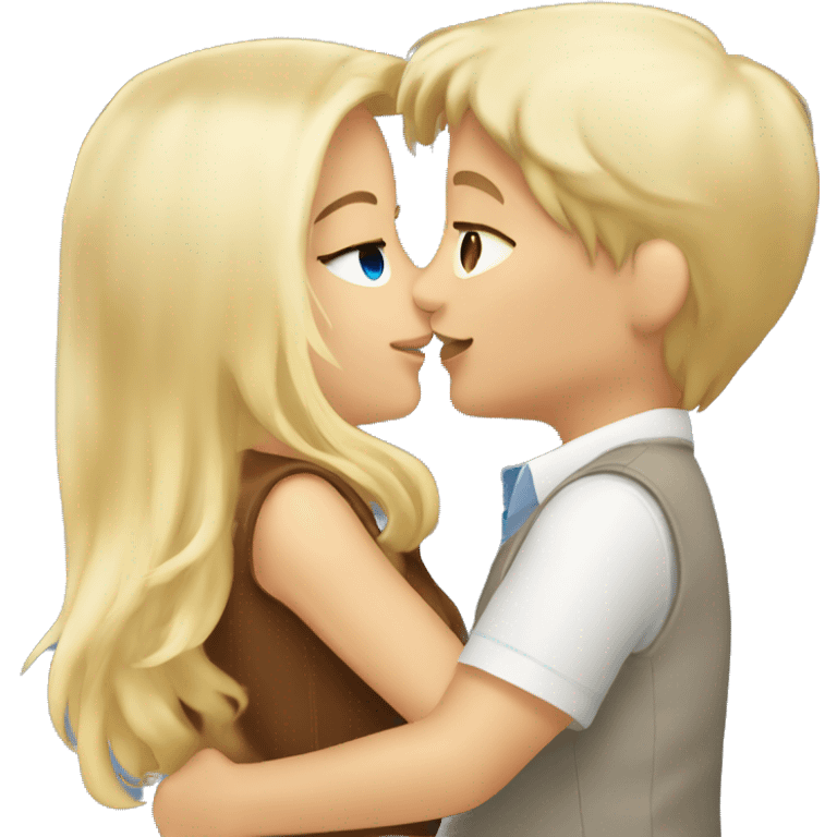 Blonde blue eyed girl giving tanned brown haired boy a kiss  emoji