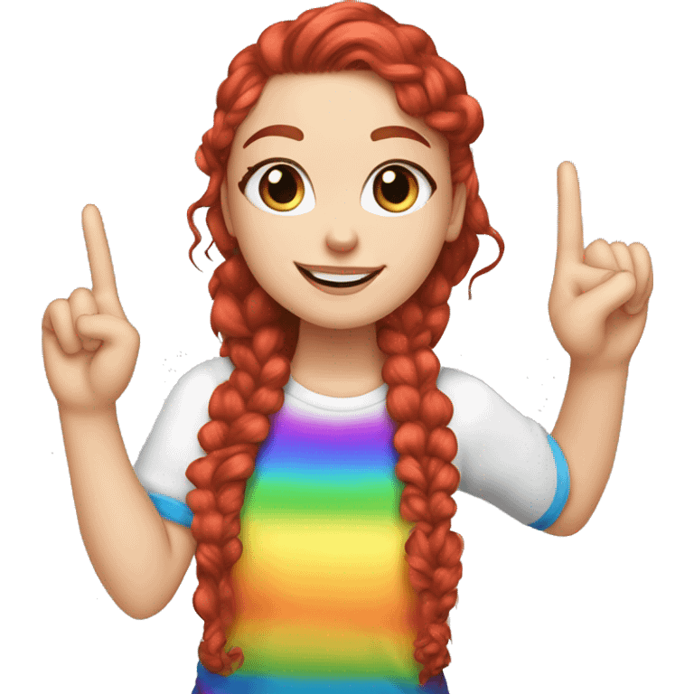 a white girl with long red curly hair in a pony tail with rainbow shirt does peace sign wearing cat ears one black other white emoji