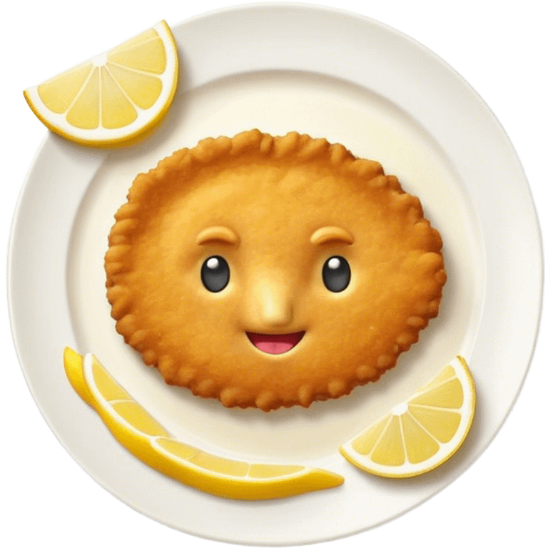 Cinematic Realistic Veal Schnitzel Dish Emoji, depicted as a golden, breaded veal cutlet served with lemon rendered with crisp textures and inviting, natural lighting. emoji