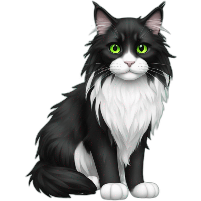 Black and white Maine coon with green eyes full body emoji