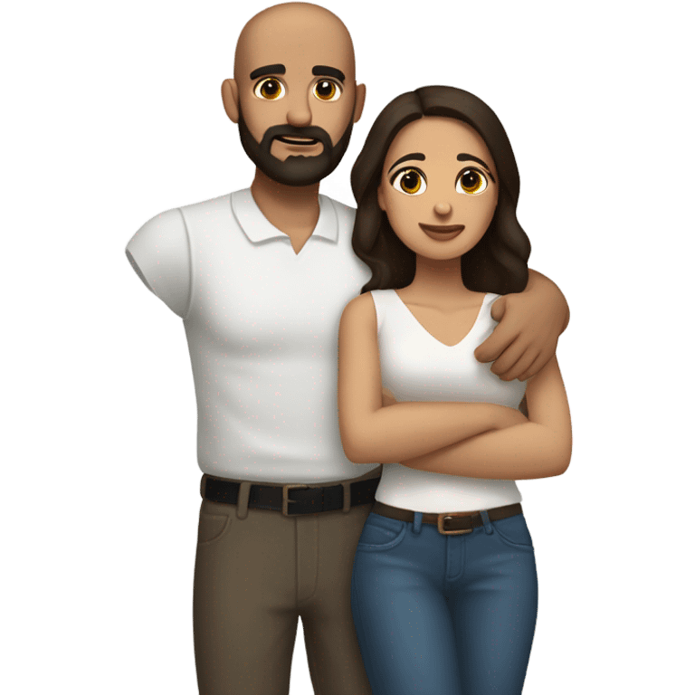 Comforting hug from brunette Puerto Rican with dark brown eyes to short, bald man with brown eyes and a beard emoji