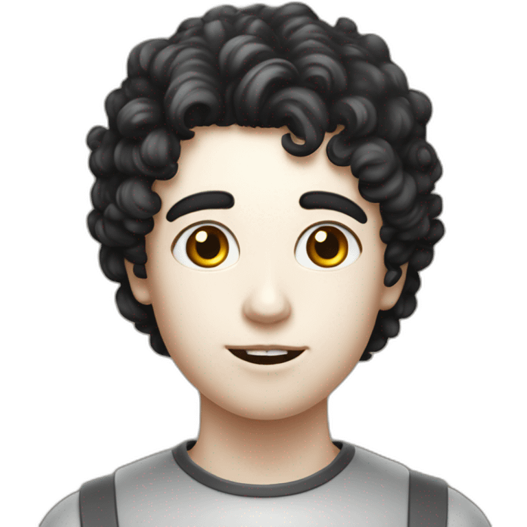 A side-portrait from the shoulders up of a pasty white teenage boy with dark black curly hair holding a chalice of milk emoji