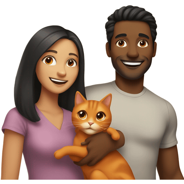 a happy light-brown woman with black hair and a happy brown man with brown hair are friends and holding an orange cat emoji