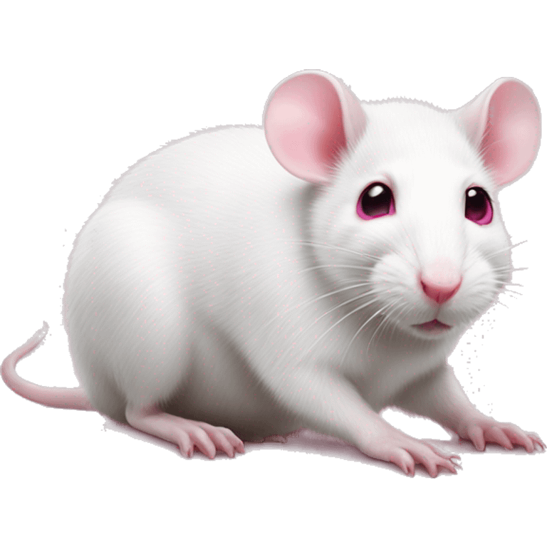 Realistic white rat with bright pink eyes lying down, full body and baby pink tail showing emoji