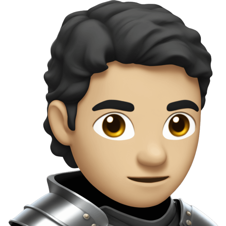 Design a character of a knight wearing a black cloak, silver armor, and a long sword in hand. He has short black hair, a visible scar on his right eye and eyebrow, and light tan skin. emoji