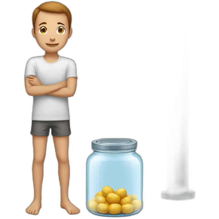 human ankles standing on the floor with an empty transparent jar between them,outside,to the left and to the right,front view emoji