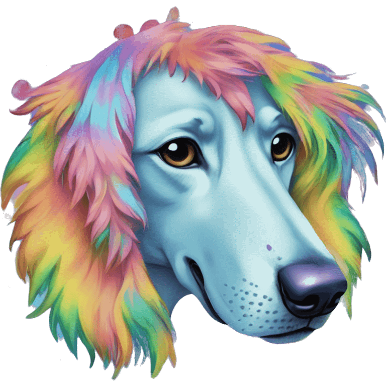 Multicolored rainbow retro groovy tie dye hippie trippy floral patterns on a metallic holographic iridescent blue dog face head unicorn emoji