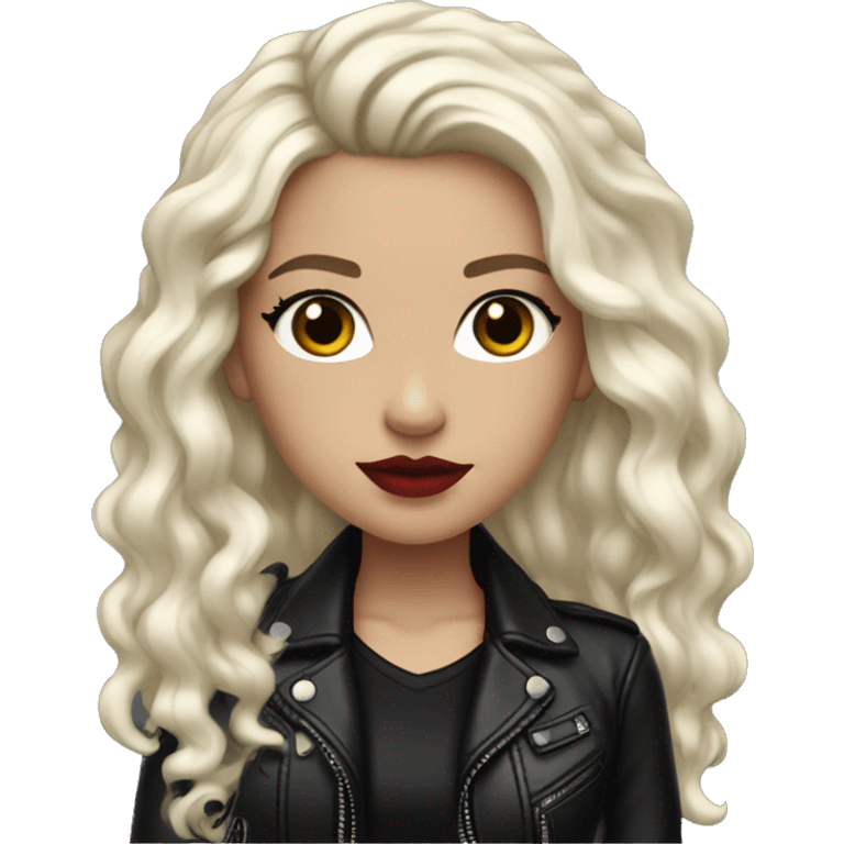 White girl, with long curly black hair, with red lipstick, black winged eyeliner, wearing black shirt and black leather jacket emoji