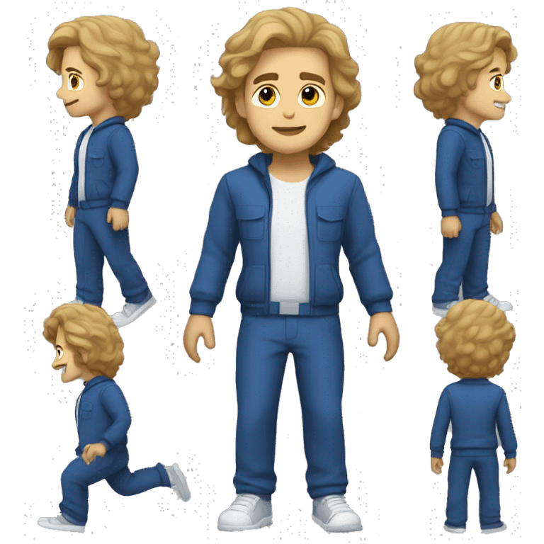 man dark blond hair  blue  full body jumpsuit flying emoji