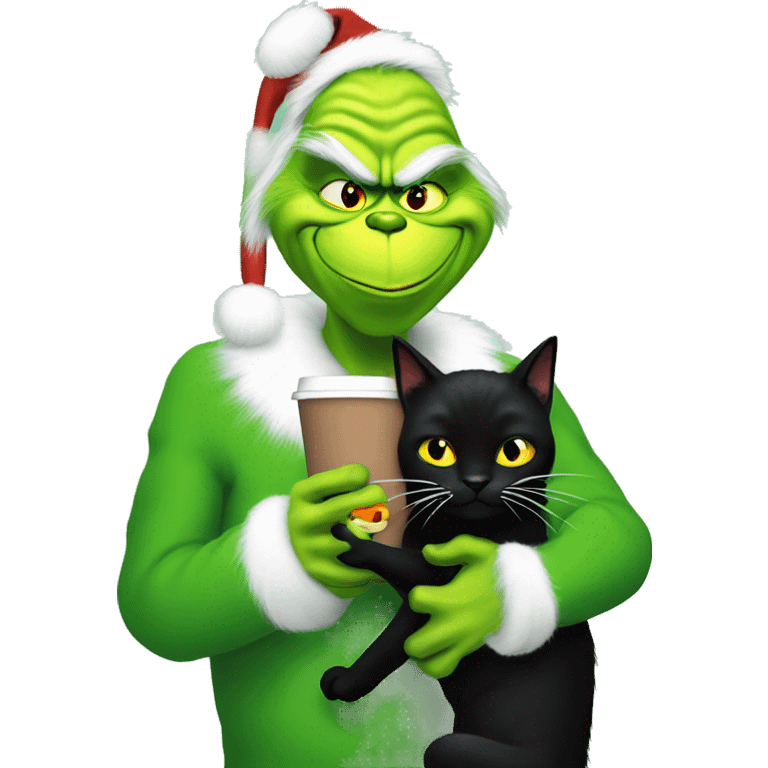 The Grinch holds a black cat in his arms and drinks coffee emoji