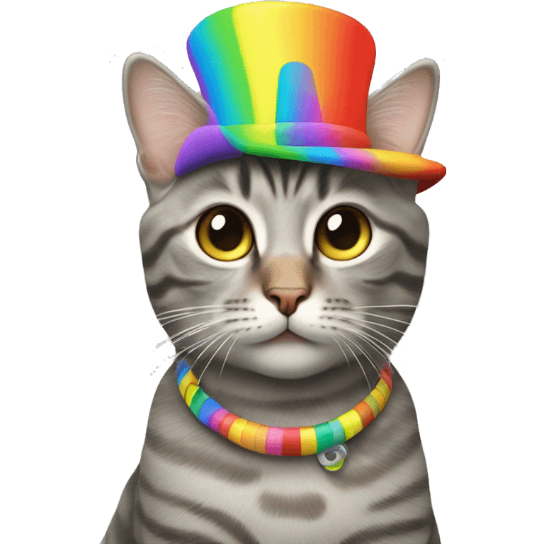 grey tabby cat wearing a rainbow propeller￼ hat  emoji