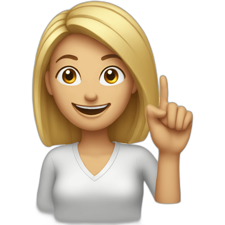 Woman with wide smile pointing with finger to her temple in the head emoji