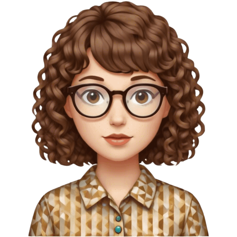 white girl with curly brown hair with bangs, glasses, and a geometric patterned shirt emoji