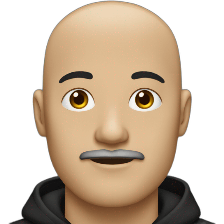 bald man with black (short) beard and no glasses in a black hoodie wearing a black cap emoji