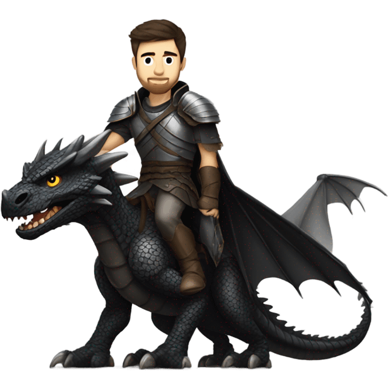 Confident armored White Man with dark brown hair and a short beard riding on the back of a giant armored black dragon emoji