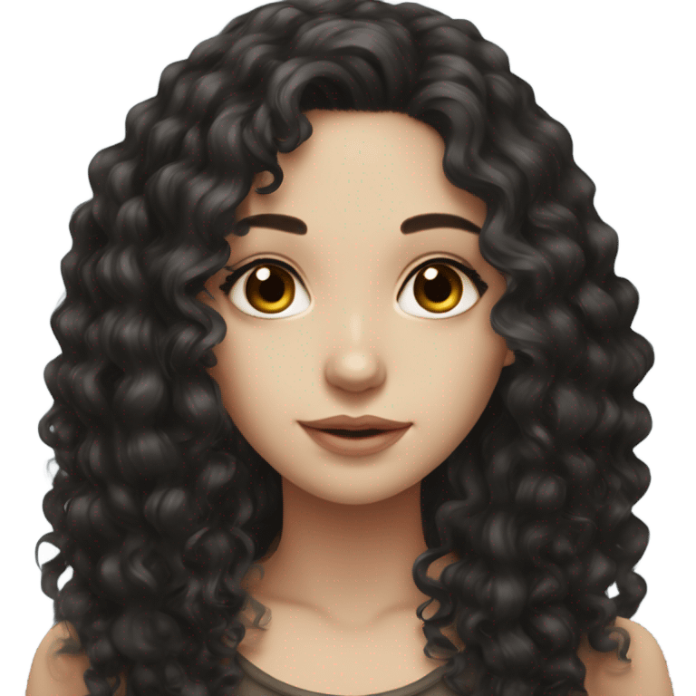 Beautiful girl, long black hair, curly hair, deep brown eyes, pale skin emoji