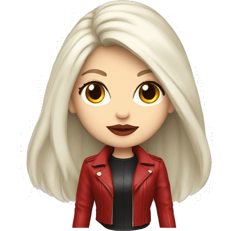 girl with long white hair, pale skin, red eyes and red lipstick in a red leather jacket emoji