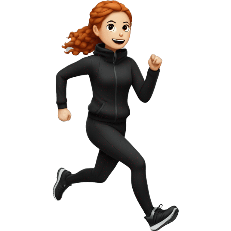 Redhead girl running in winter in all black outfit and white heatphones emoji