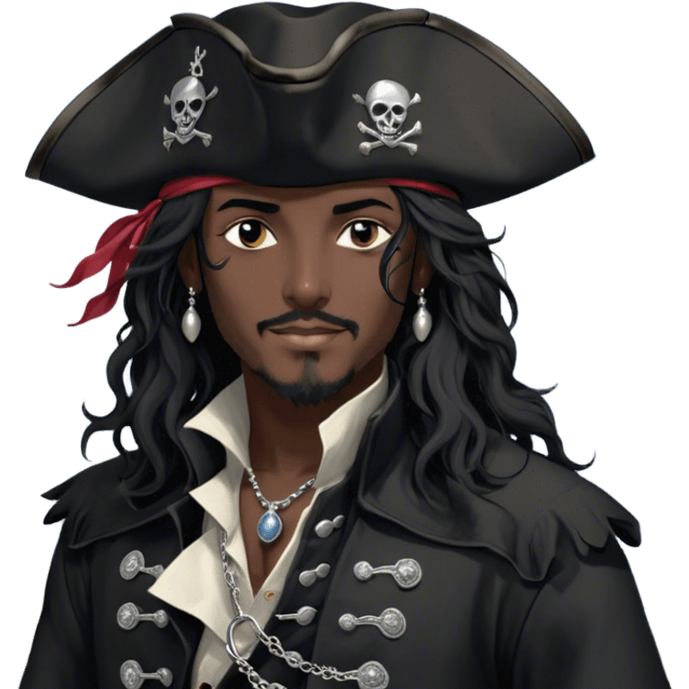 A charismatic pirate with wavy black hair tousled by the sea breeze. His black tricorn hat, embroidered with silver, casts a shadow over his confident features. Dark eyes glint with mischief as he gazes to the side, a knowing smile on his lips. His fitted black coat, adorned with silver buttons. A silver chain dangles from his belt emoji