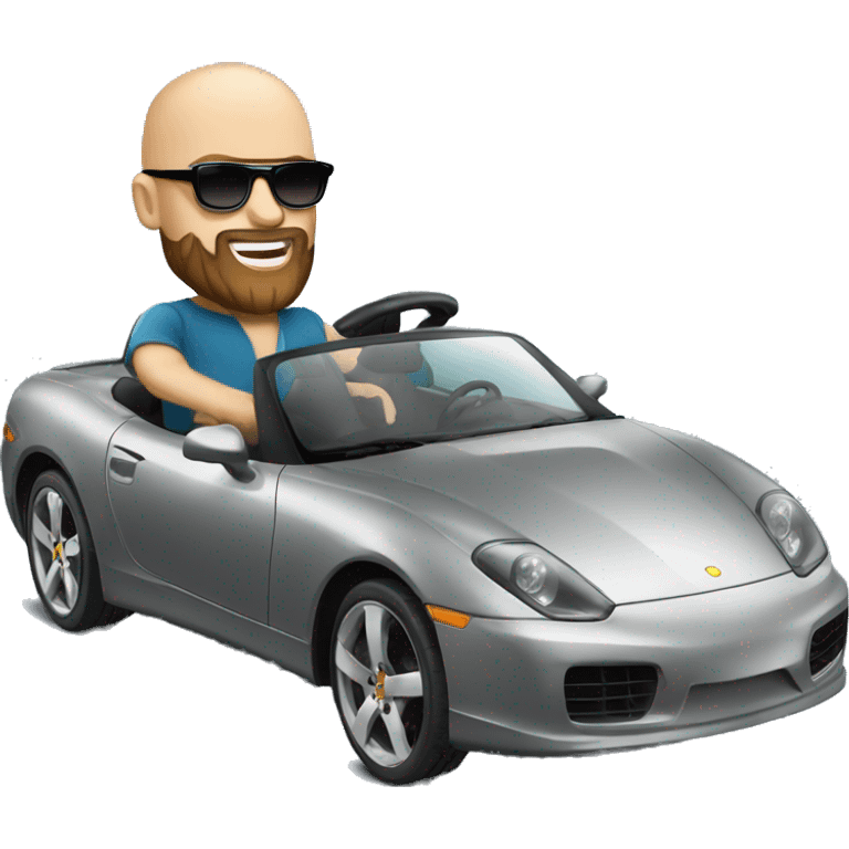 good looking bald man with a beard and sunglasses driving a sports car emoji