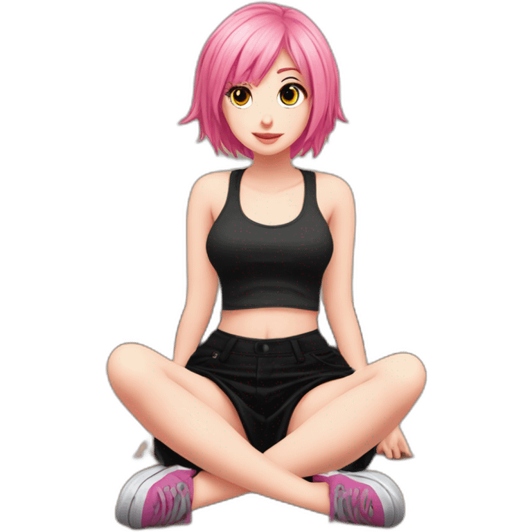 Full body Front view curvy emo girl pink hair sits on the floor straight view hands up black skirt полосатые рваные чулки emoji