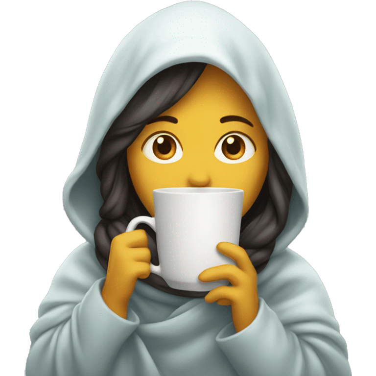 girl with a warm beverage and under the covers emoji