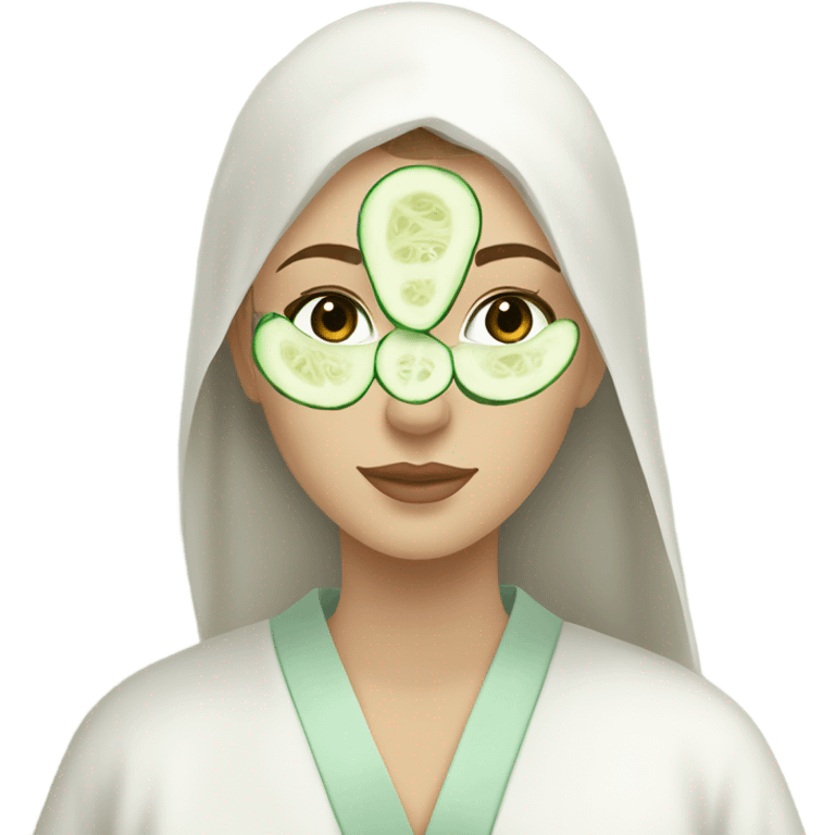 White girl with Brown hair and blue eyes wears a Green clay colored skincare textured mask and puts on cucumbers around her eyes while She relaxes in her white Robe emoji