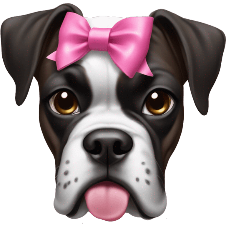 black and white boxer with a pink bow on her head and tongue sticking out emoji