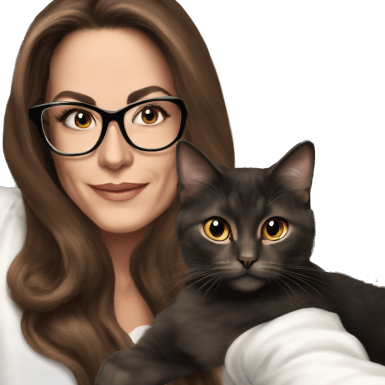 50 years old girl
long brown hair with volume styling
light skin
glasses with refined frame
Brown eyes with cat eye liner
black silk shirt with long sleeves emoji