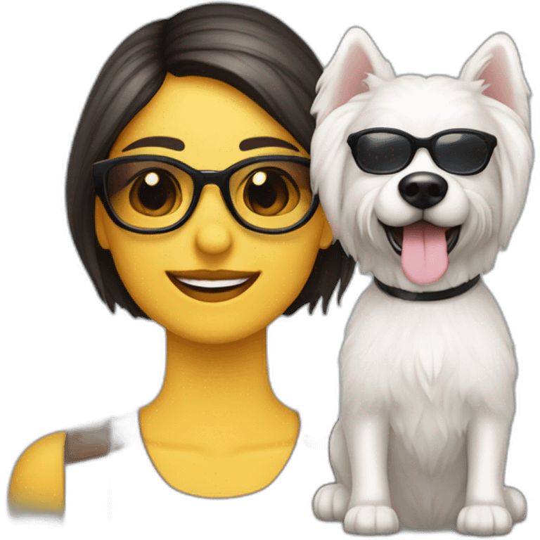 mujer pelo largo gafas con perro maltés blanco emoji