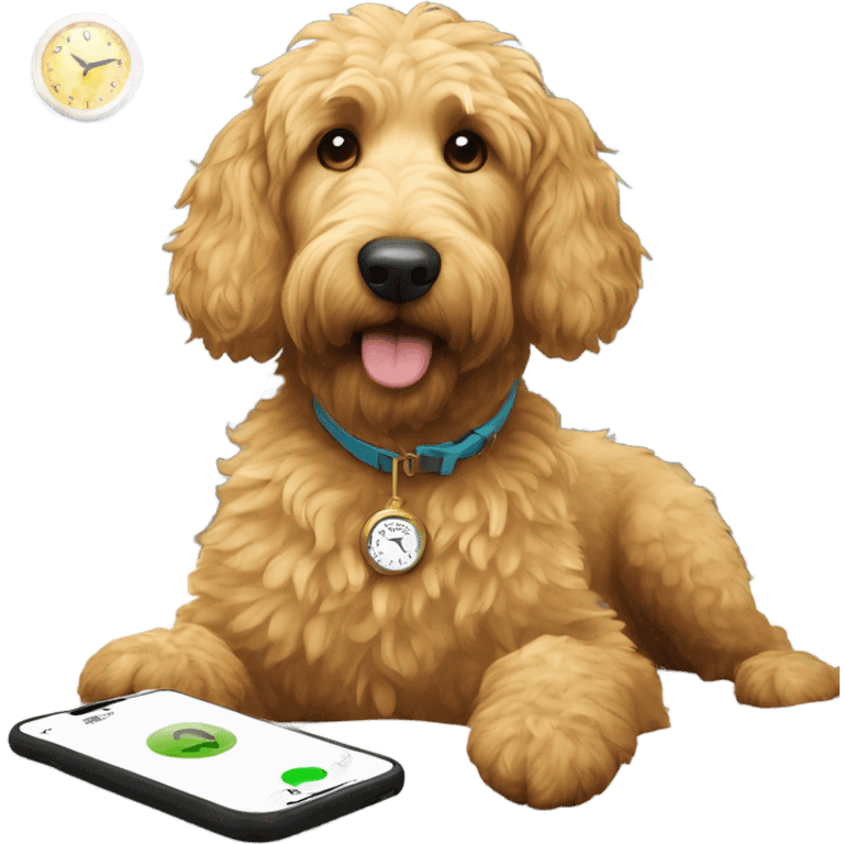 Golden doodle next to alarm clock  emoji