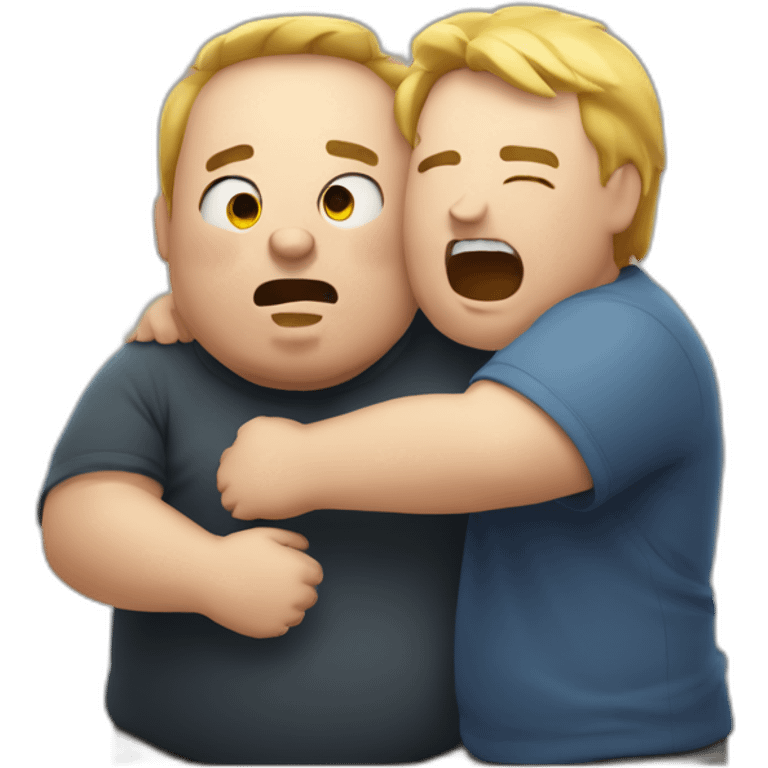 A bit chubby man hugging and yelling another a bit chubby man emoji