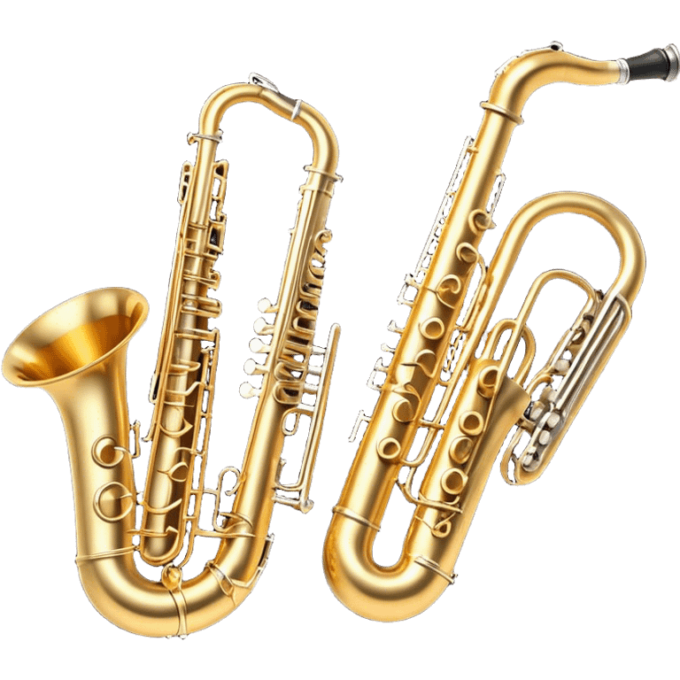 Create a professional and elegant emoji collage symbolizing wind instruments, using a combination of copper, white metal, and black wood. The design should feature iconic instruments like a trumpet, saxophone, tube, oboe, and horn. Each instrument should be represented with its key elements clearly visible.
Each instrument should be designed with realistic textures, including the gleam of metal and the deep, rich tone of black wood. Arrange the instruments in a balanced and harmonious way, making sure the elements are easily recognizable. Use metallic gold, silver, and copper tones with black wood accents. The background should be transparent to highlight the instruments. emoji