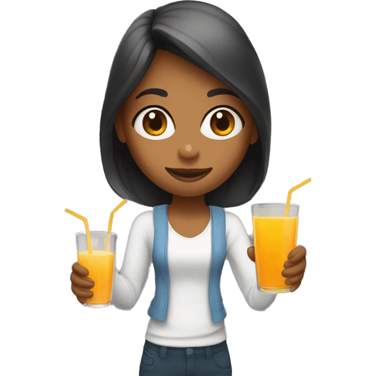 a girl holds a glass with orange juice in one hand and an apple juice in another hand emoji