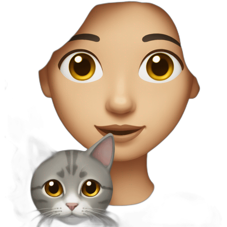 A woman with long wavy dark brown hair holding a grey cat emoji