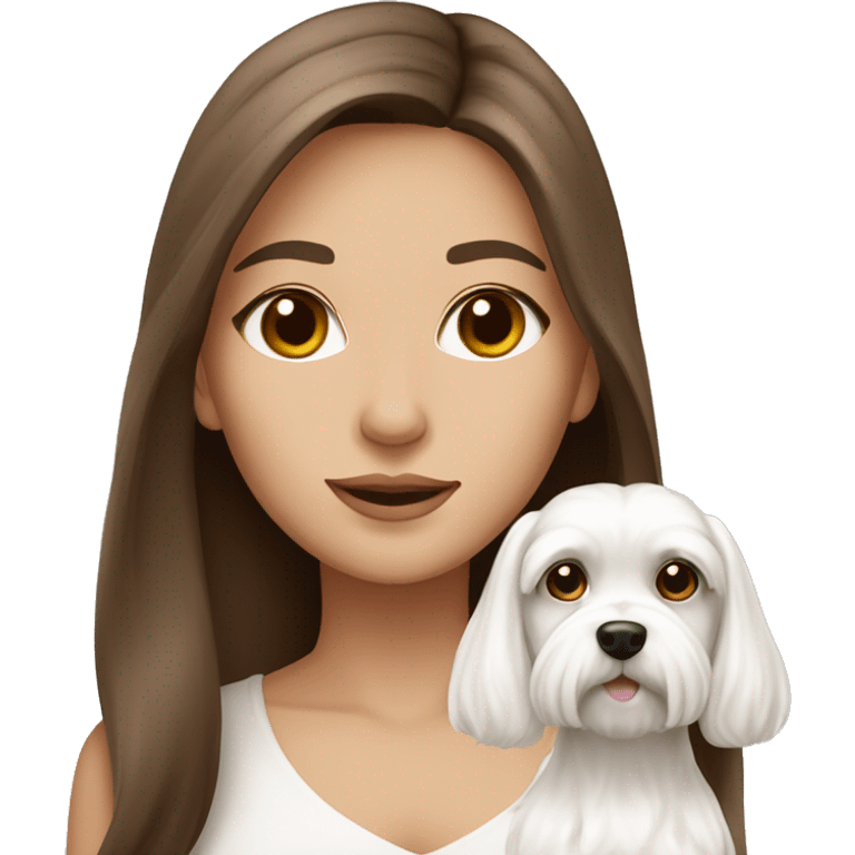 beautiful woman, straight long medium brown hair, brown eyes With white Maltese dog emoji