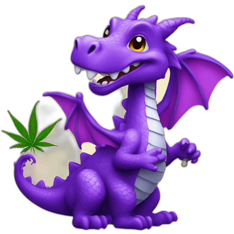 a happy purple dragon holding a cannabis flower emoji