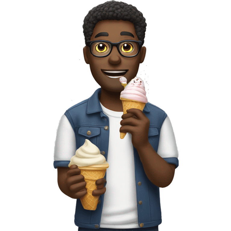 a man whit glasses eating icecream and having a cat in his hand emoji