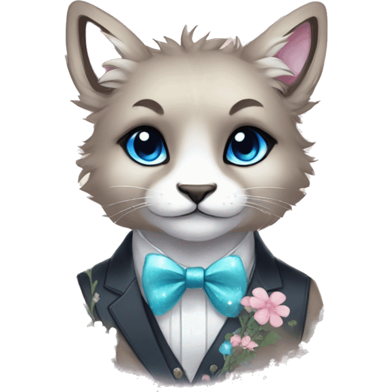 Anthro Cute Cool Kawaii gorgeous sparkly ethereal fantasy animal creature with blue eyes furry sona with flowers and bow tie beautiful aesthetic emoji