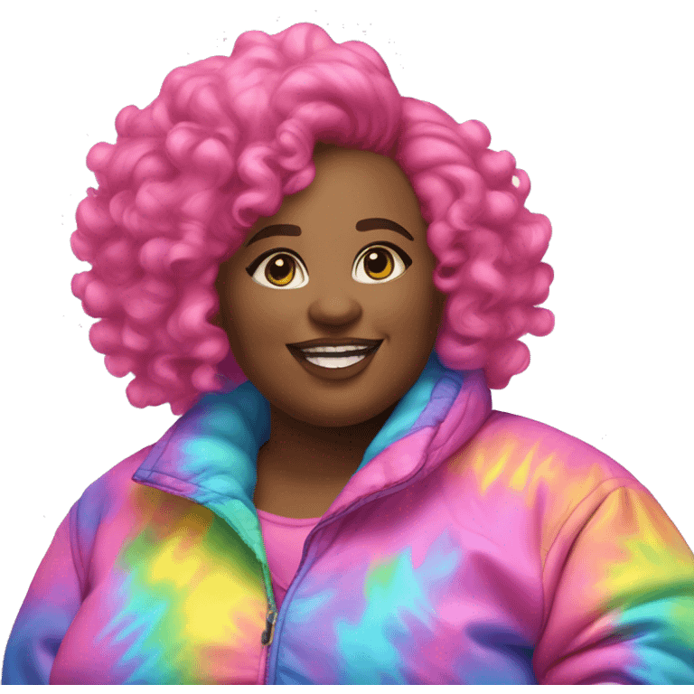 Plus size black woman with pink curly pixie cut hair and a rainbow tie dye bubble jacket  emoji