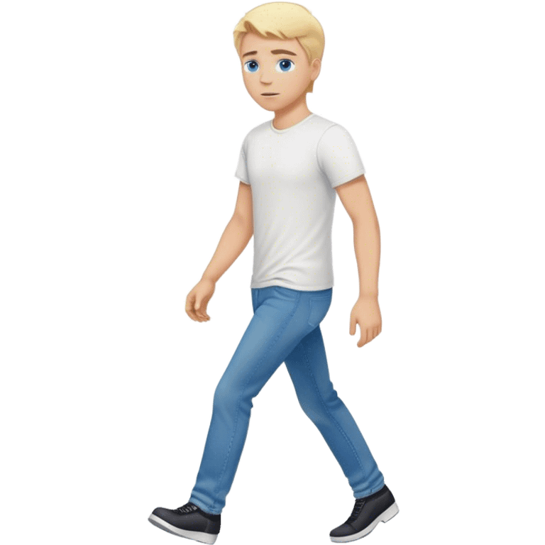 A cinematic realistic blond man with blue eyes, dressed in jeans and a T-shirt, is walking emoji