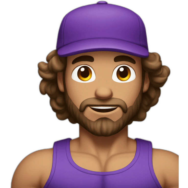 a body builder man with long curly brown haid and beard with a purple cap  emoji